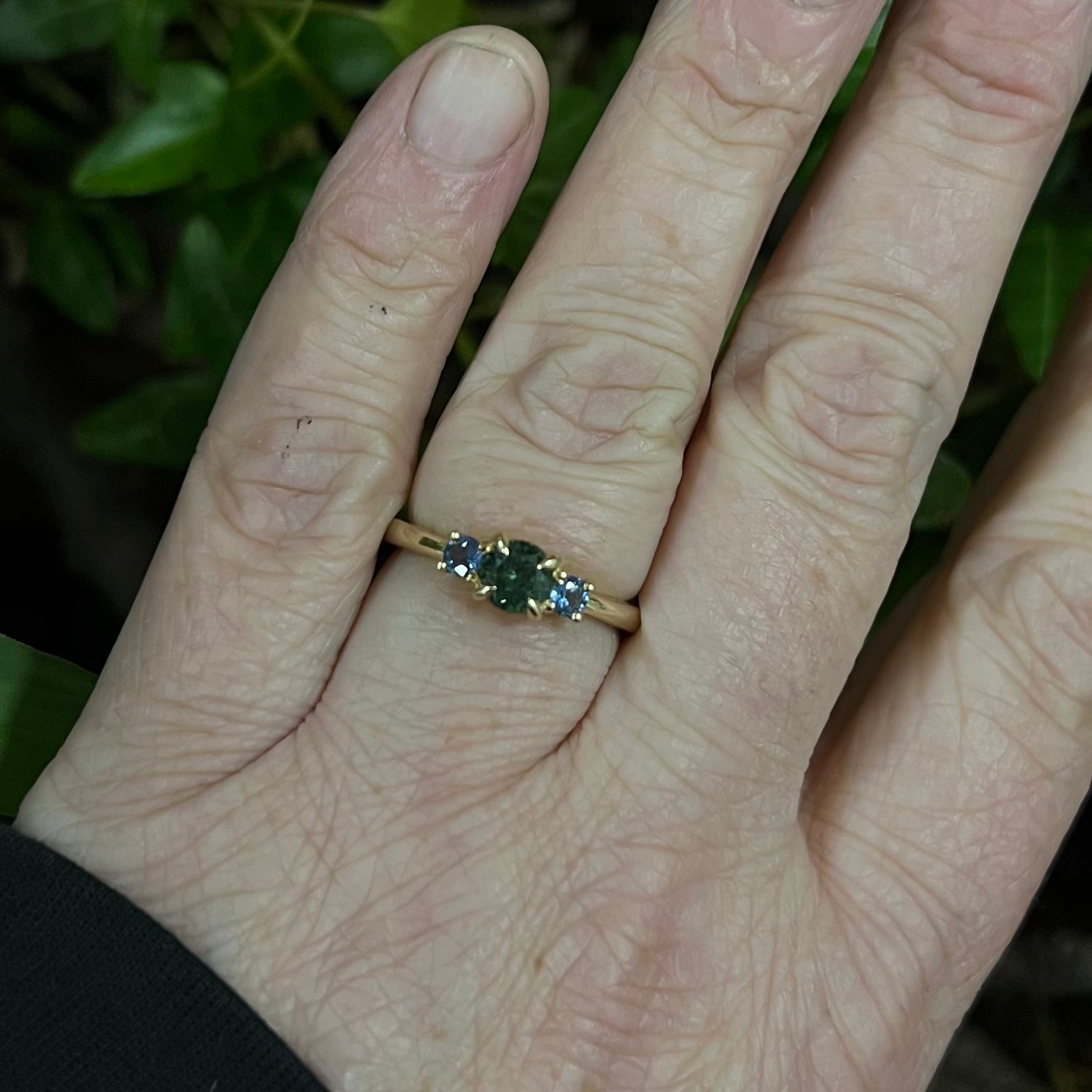 Prinnie Engagement Ring-Amphitrite-0.58ct Teal/Green Parti Sapphire & Blue Sapphires in 14ct Yellow Gold