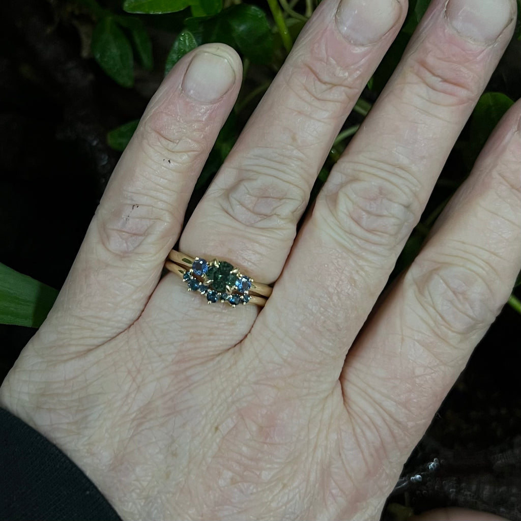 Prinnie Engagement Ring-Amphitrite-0.58ct Teal/Green Parti Sapphire & Blue Sapphires in 14ct Yellow Gold